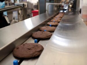 Chocolate biscuits on production line