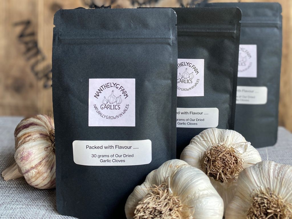 Packets of Nant Helyg Farm dried garlic