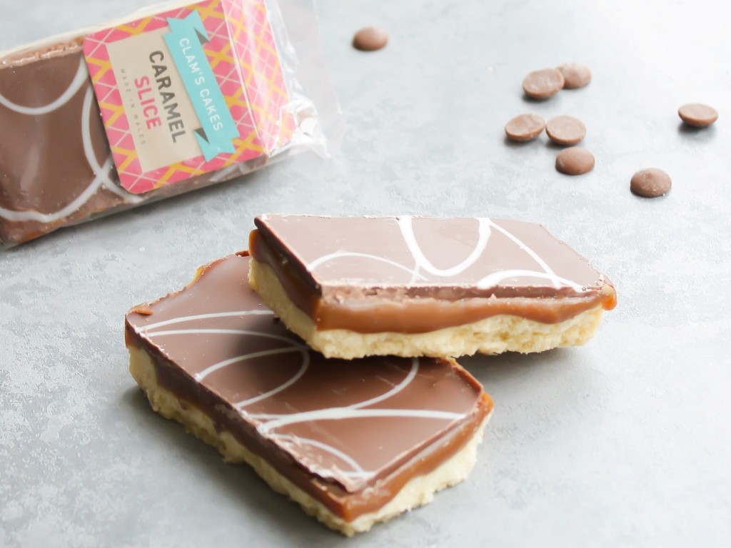 Caramel shortbreads stacked on top of each other