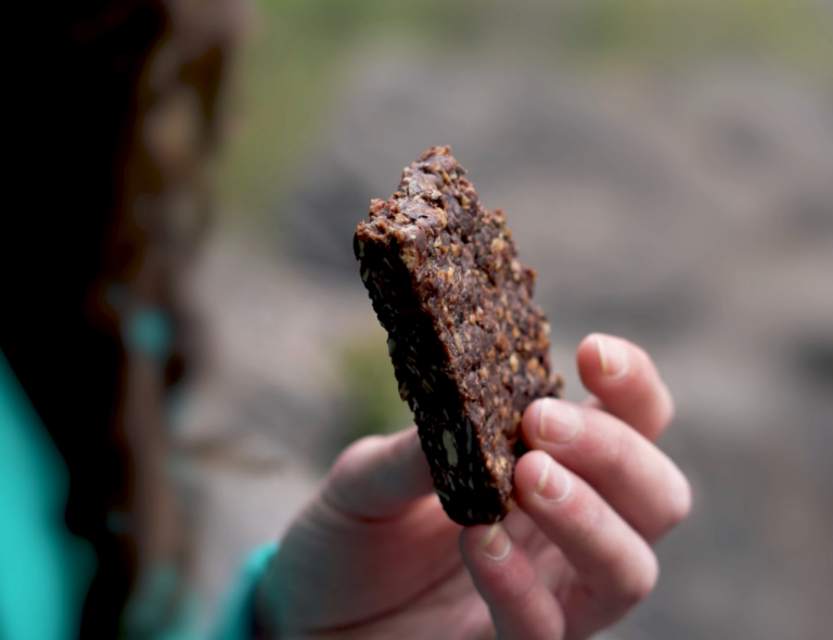 Photo shows a hand holding a High Tide Seaweed snack bar