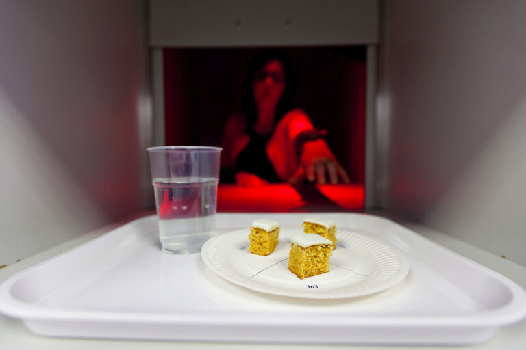 Person undergoing food sensory evaluation - Cake and water on plate