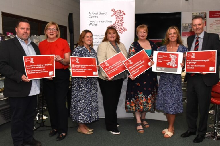 Members of staff from Food Innovation Wales holding up Project HELIX output boards