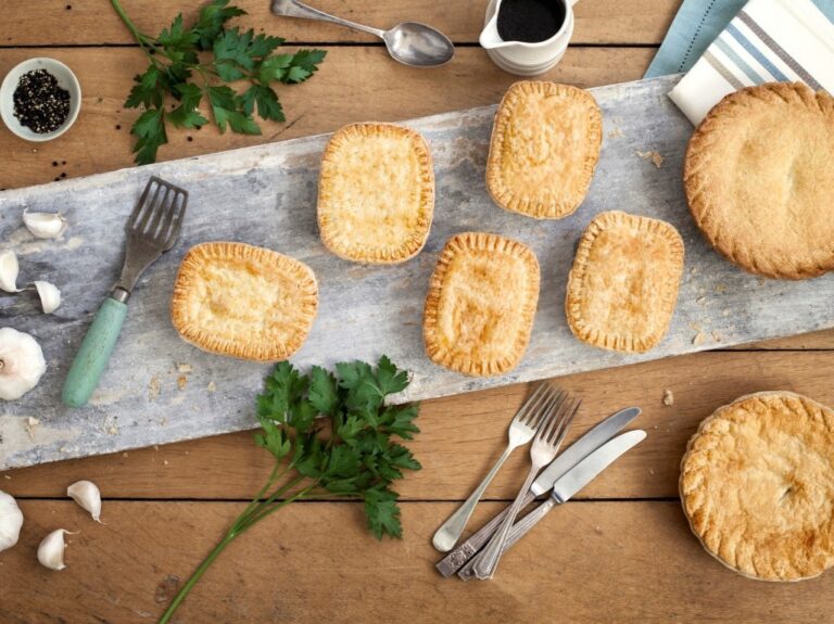 Overhead image of a selection of pies on a table