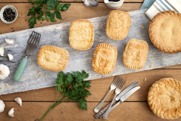 Overhead image of a selection of pies on a table