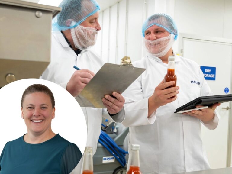 Amy Davies superimposed over a pair of factory workers with clipboards