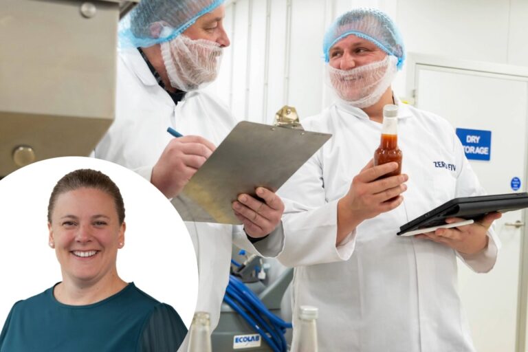 Amy Davies superimposed over a pair of factory workers with clipboards