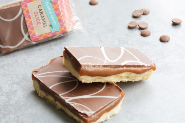 Caramel shortbreads stacked on top of each other