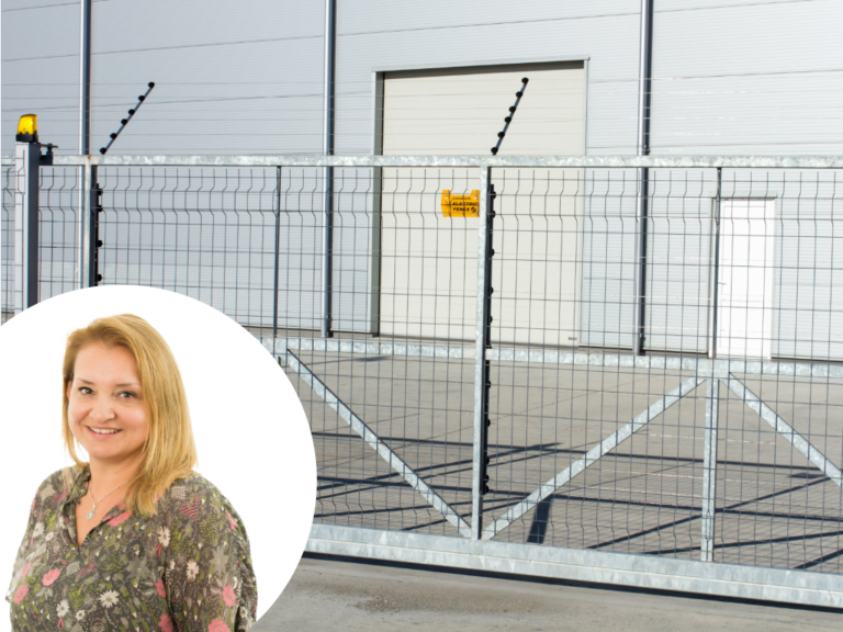 Kate Bailey superimposed over a factory gate
